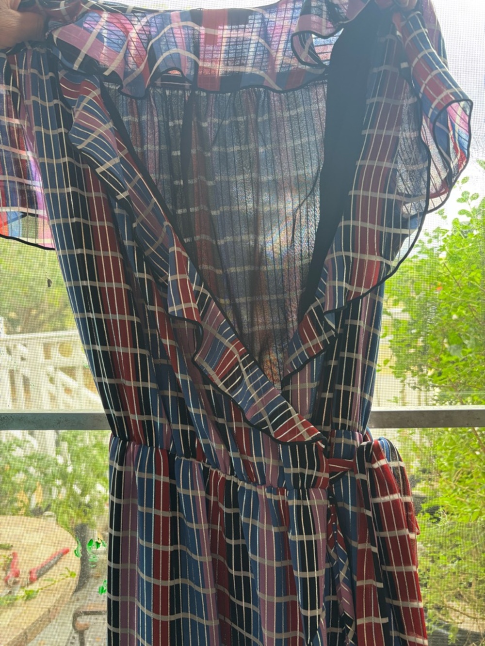 Plaid Ruffle Wrap Dress in Navy and Burgundy